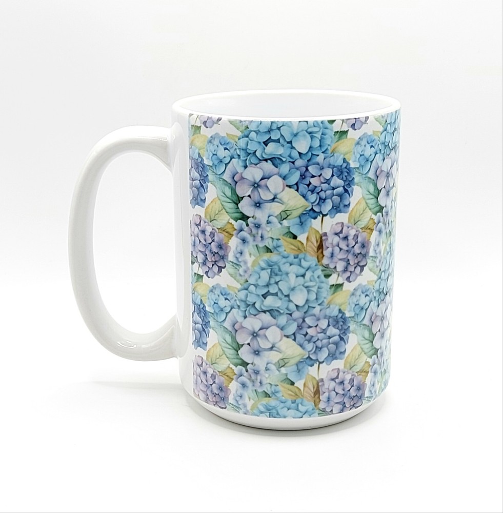 Blue Hydrangeas Coffee Tea Mug Cup 15 Oz Ceramic, Floral Pattern by Mugzan
