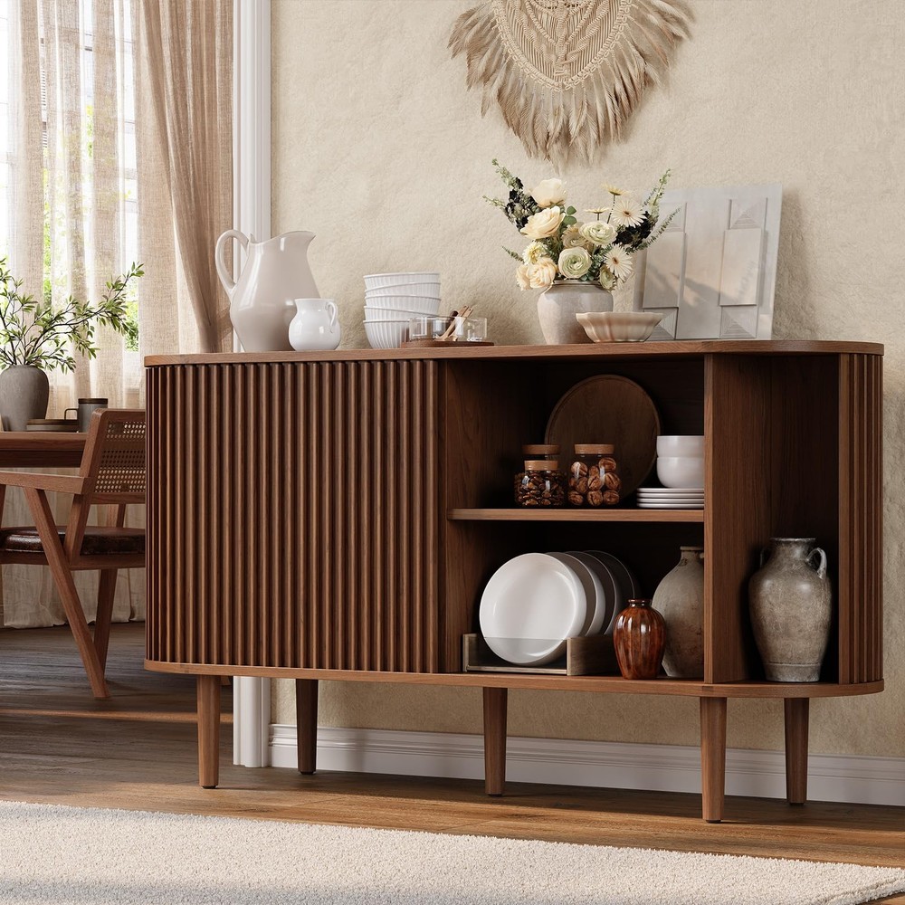 55" MCM Buffet Sideboard Sliding Doors Storage Adjustable Shelves Walnut