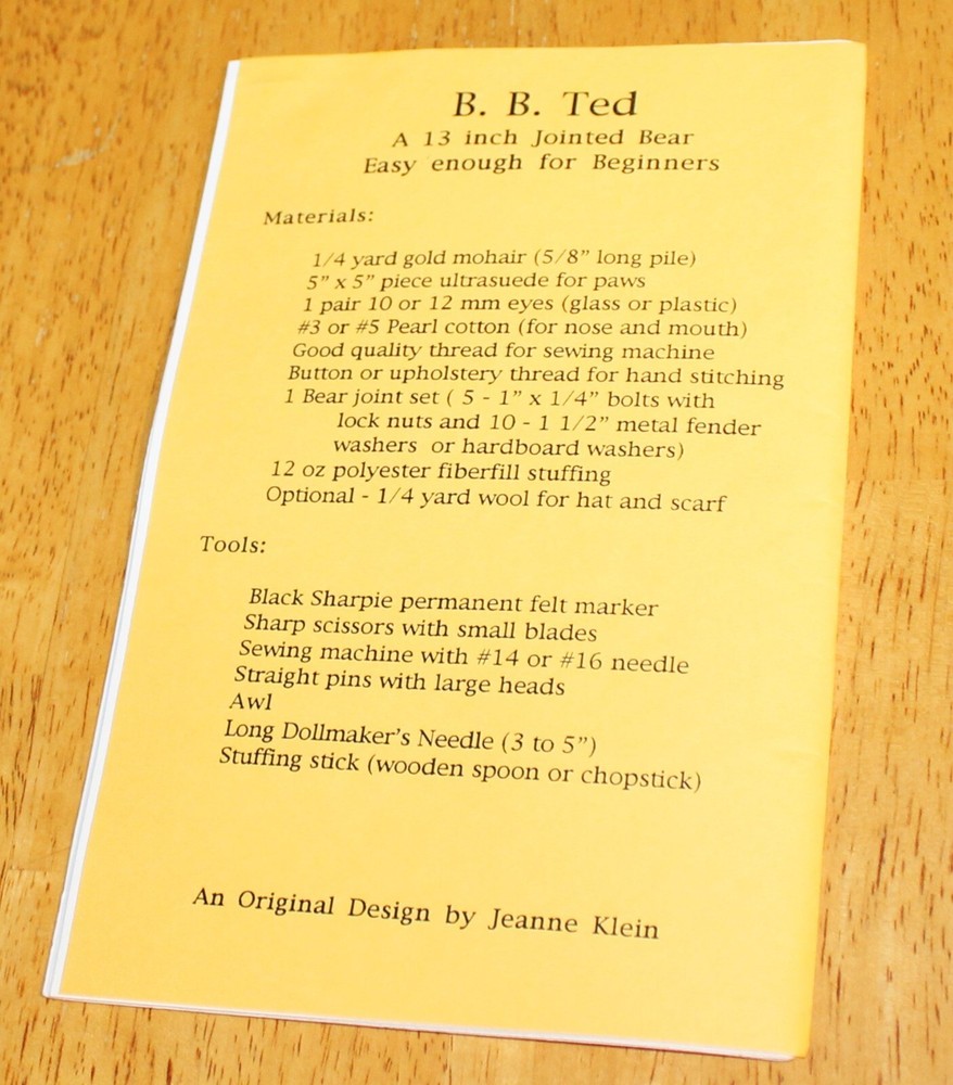 The Teddy Tailor ~ B.B. TED BEAR Sewing Pattern -Jeanne M. Klein - Jointed 13"