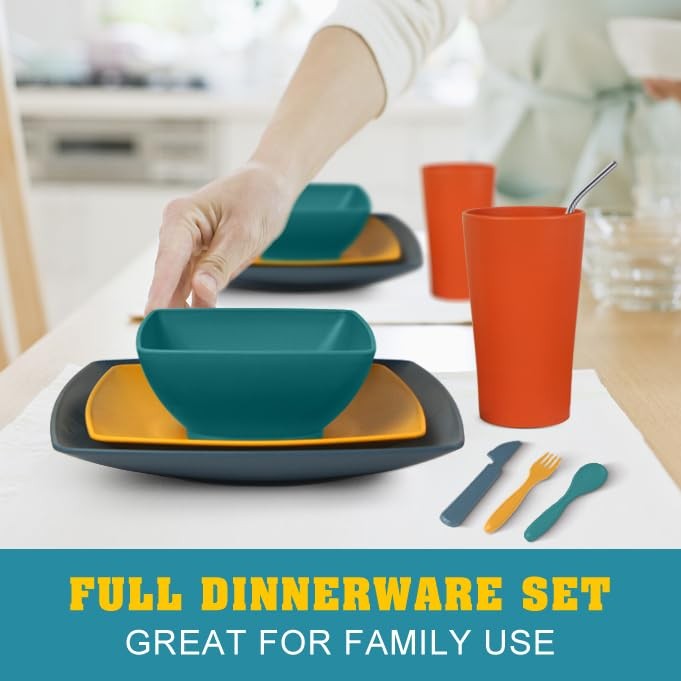 88 Piece Kitchen Plastic Wheat Straw Square Dinnerware Sets for 8