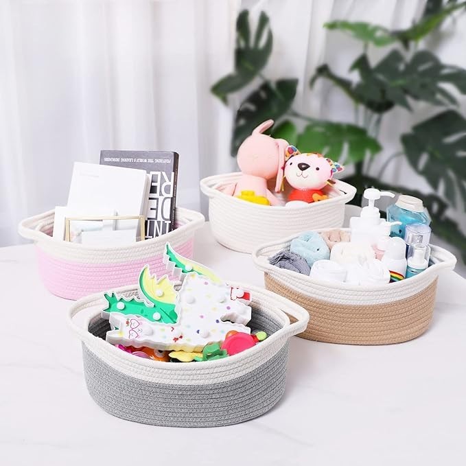 Small Baskets with Handles - Decorative Durable Rope Woven Shelf Storage