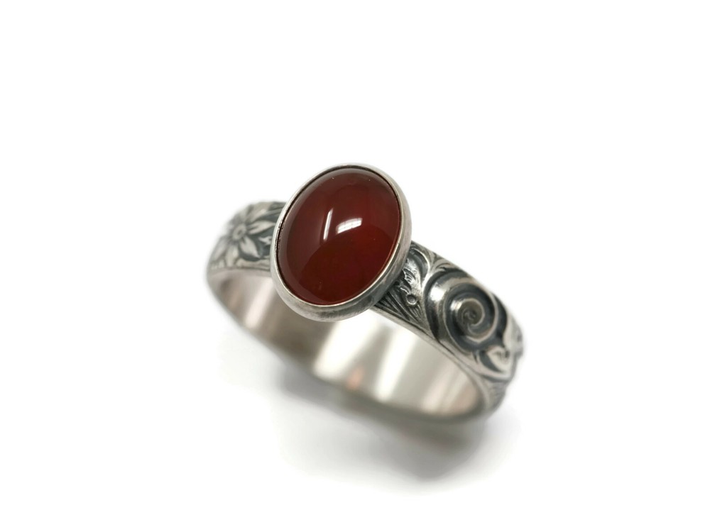 Oval Carnelian Ring Flower Pattern 925 Sterling Silver N-S