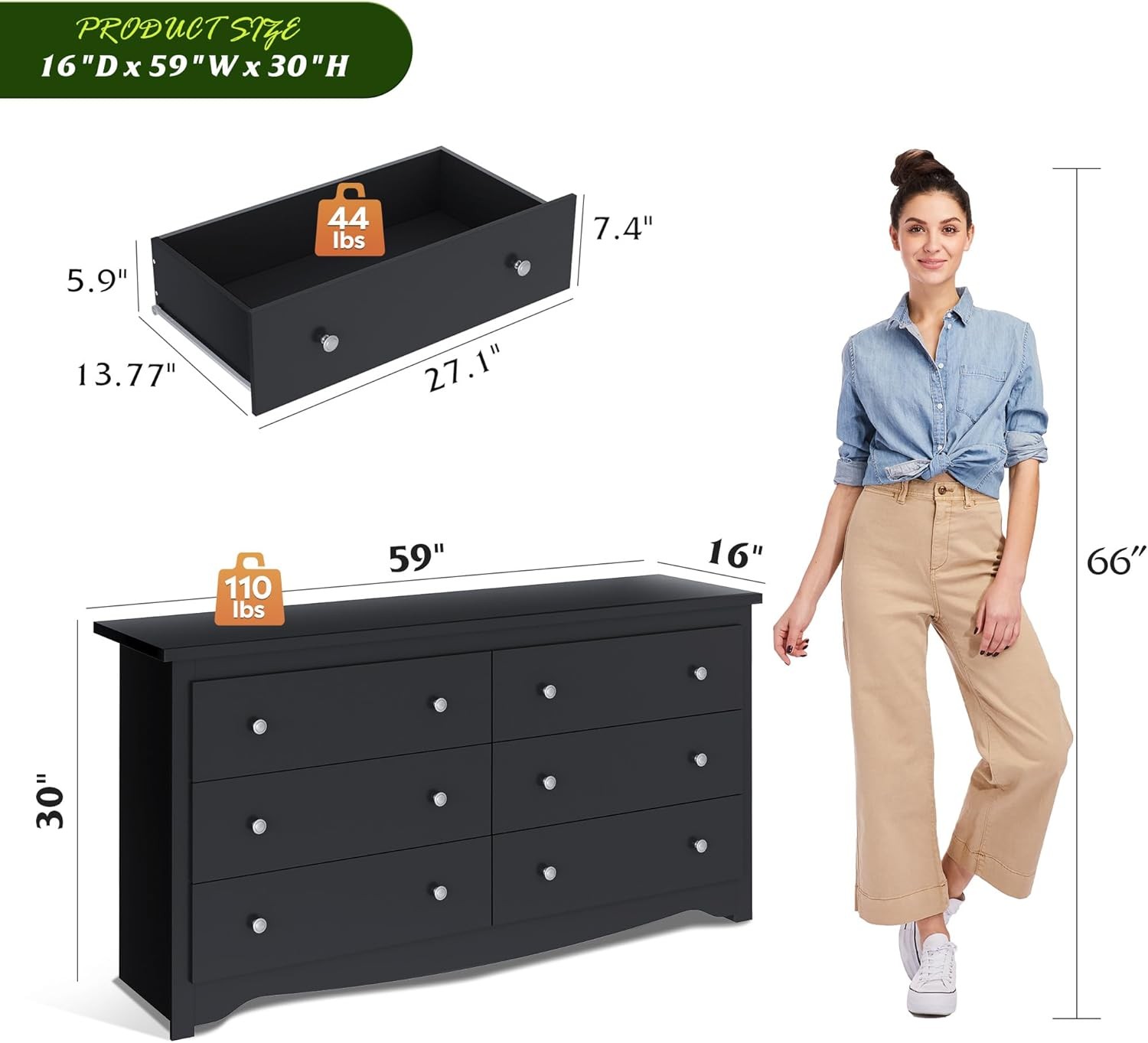 Black Wooden 6-Drawer Dresser, 59" Wide Modern Chest for Bedroom & Living Room