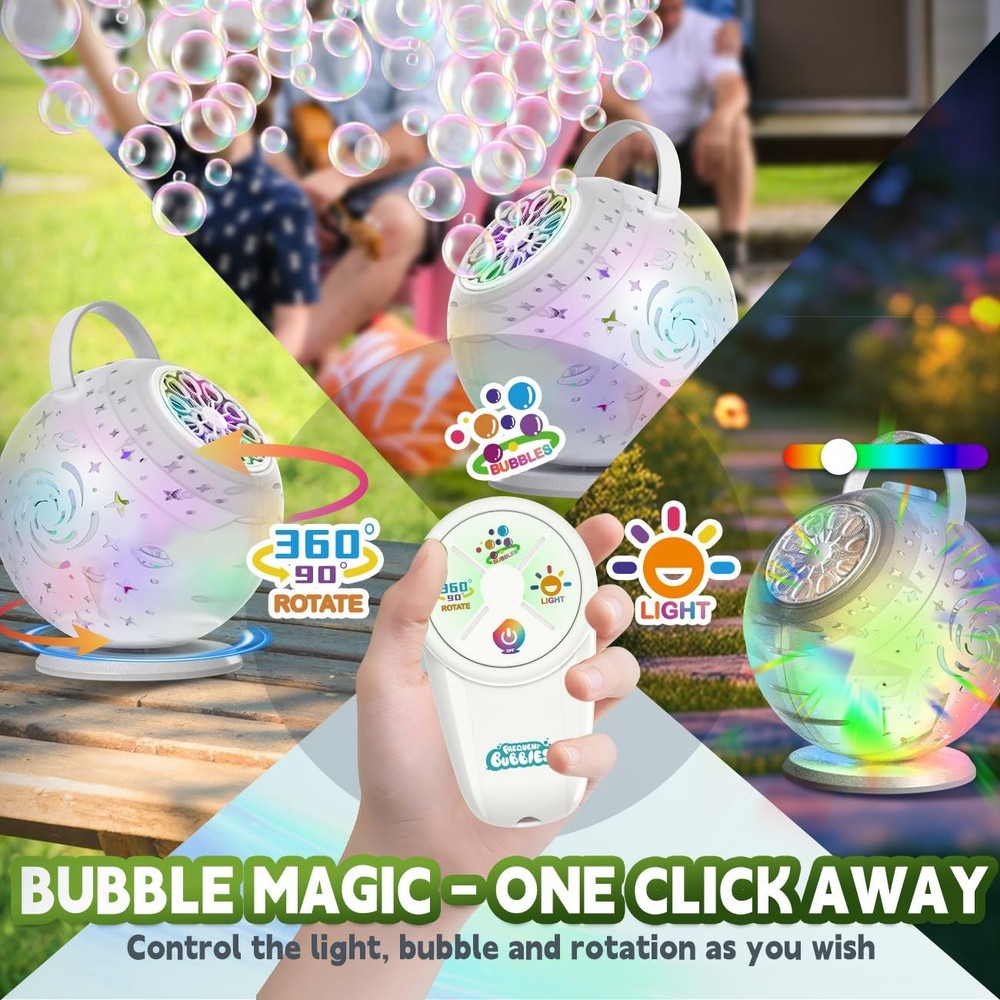 Rechargeable Bubble Machine - Auto 90°/360° Rotation, Remote Control, 7-Color LE