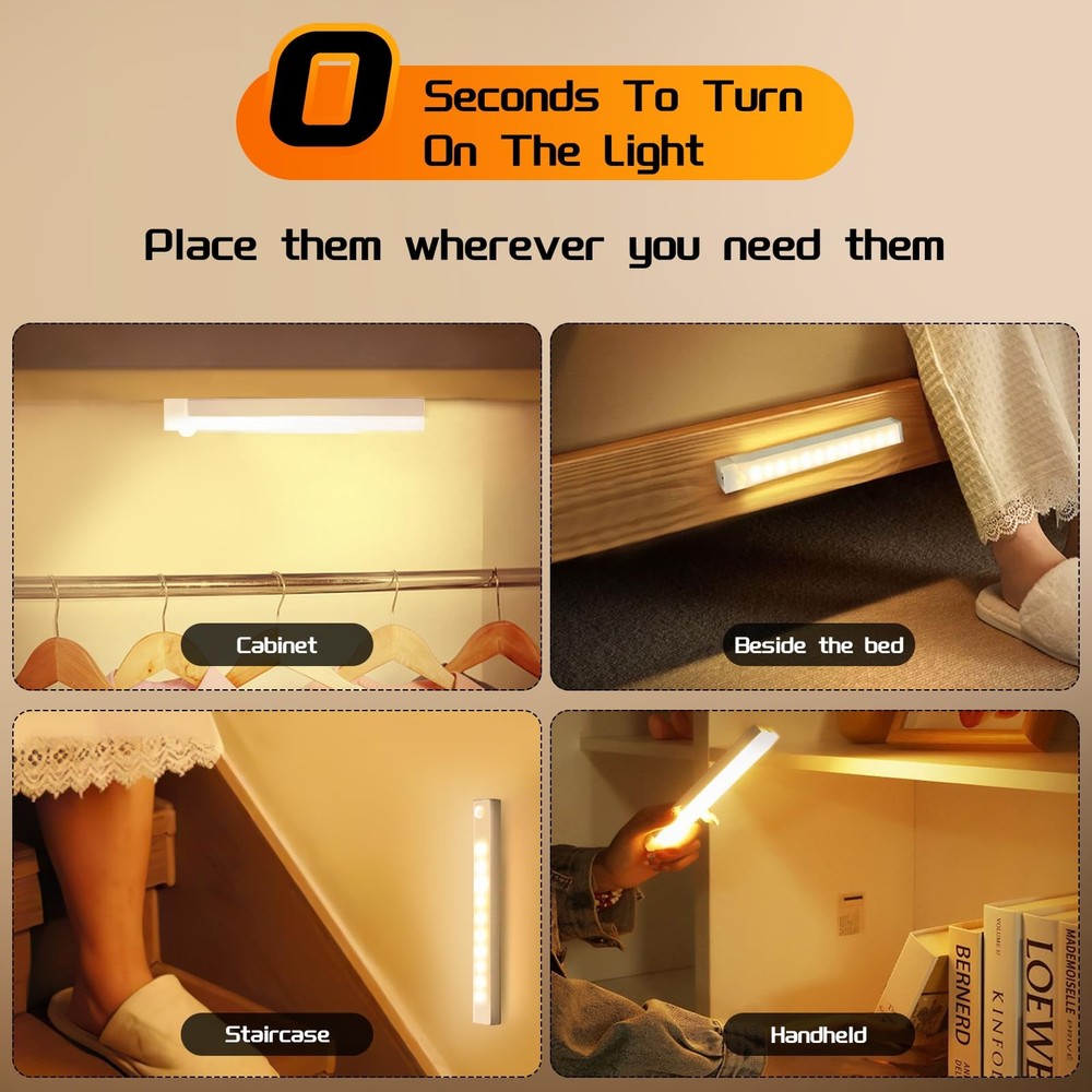 Under Cabinet Lighting Wireless, 4-Pack Dimmable Motion Sensor LED Lights wit...