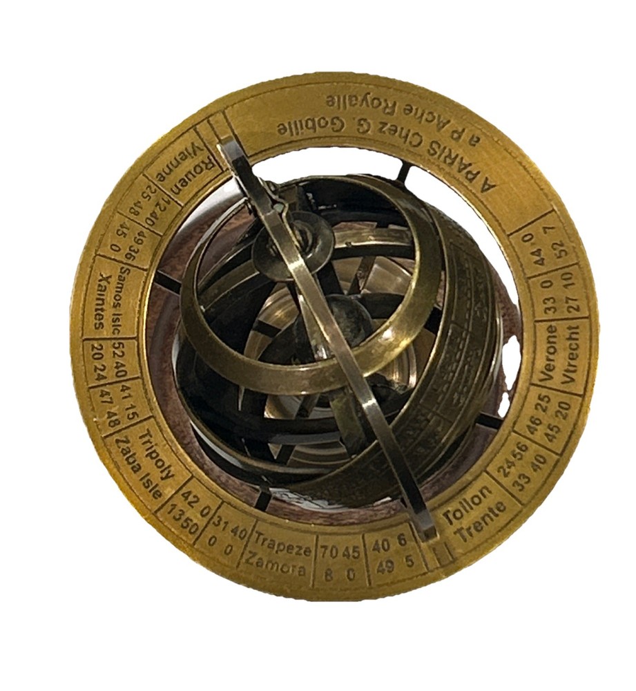 SOLID BRASS ARMILLARY WITH WOODEN BASE