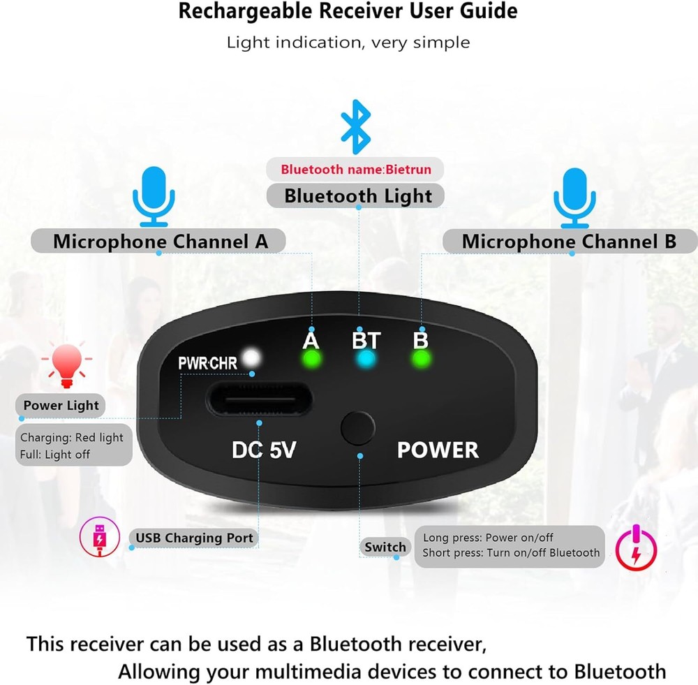 Bietrun Rechargeable Wireless Microphone, Dual Metal Cordless Handheld Dynamic