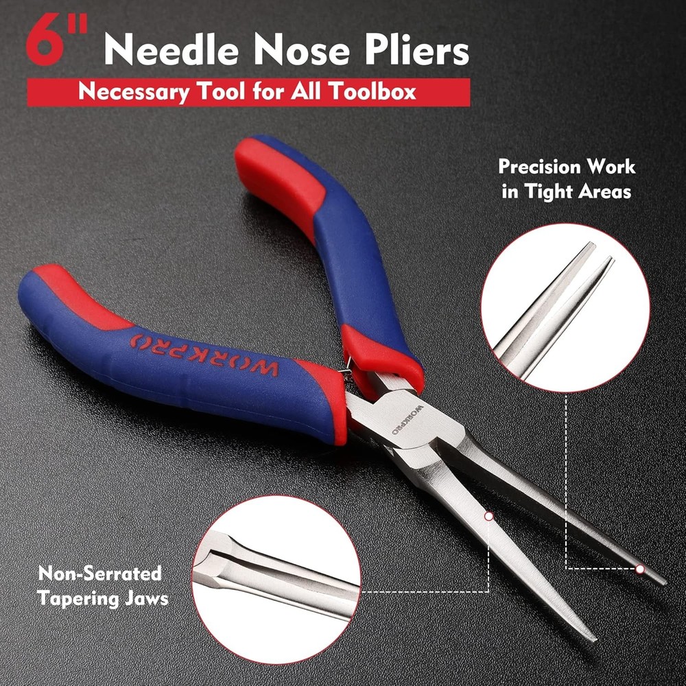 WORKPRO Mini Needle Nose Pliers 6 Inch Smooth Jaw Precision Craft Tool