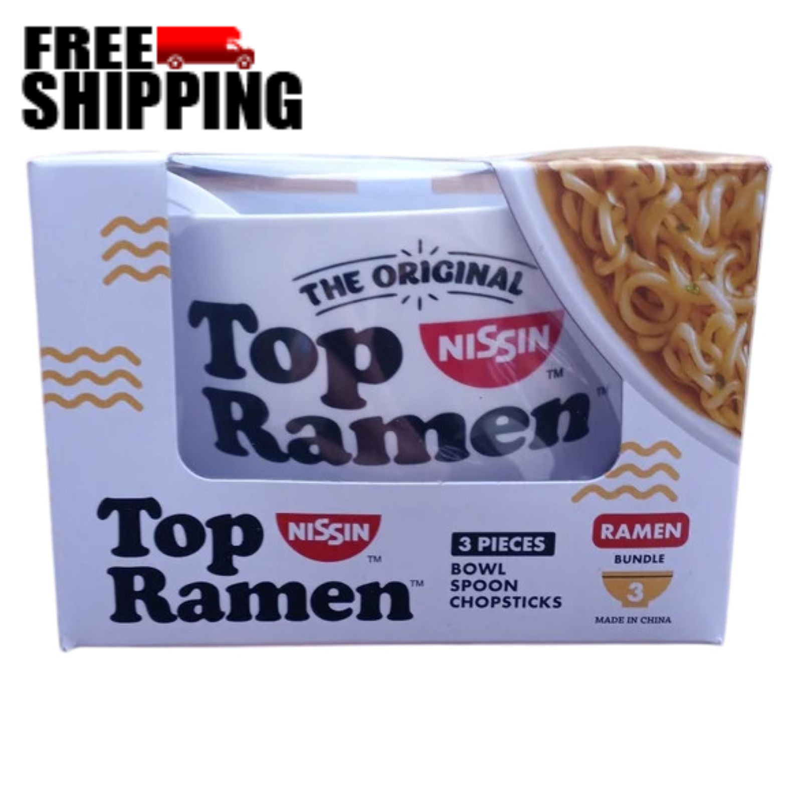 The Original Nissin Top Ramen 3pc Bundle Include Plastic Bowl Chopsticks & Spoon