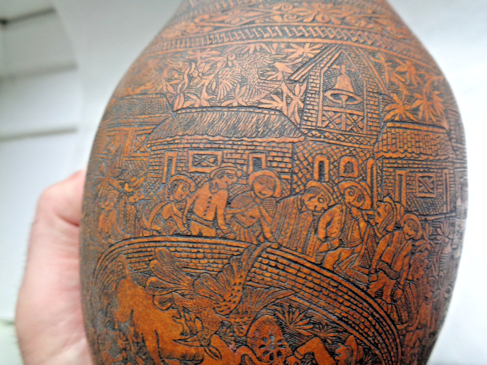 ANTIQUE SOUTH AMERICAN FOLK ART CARVED GOURD BULL FIGHTER, CHURCH, FARMER, LLAMA