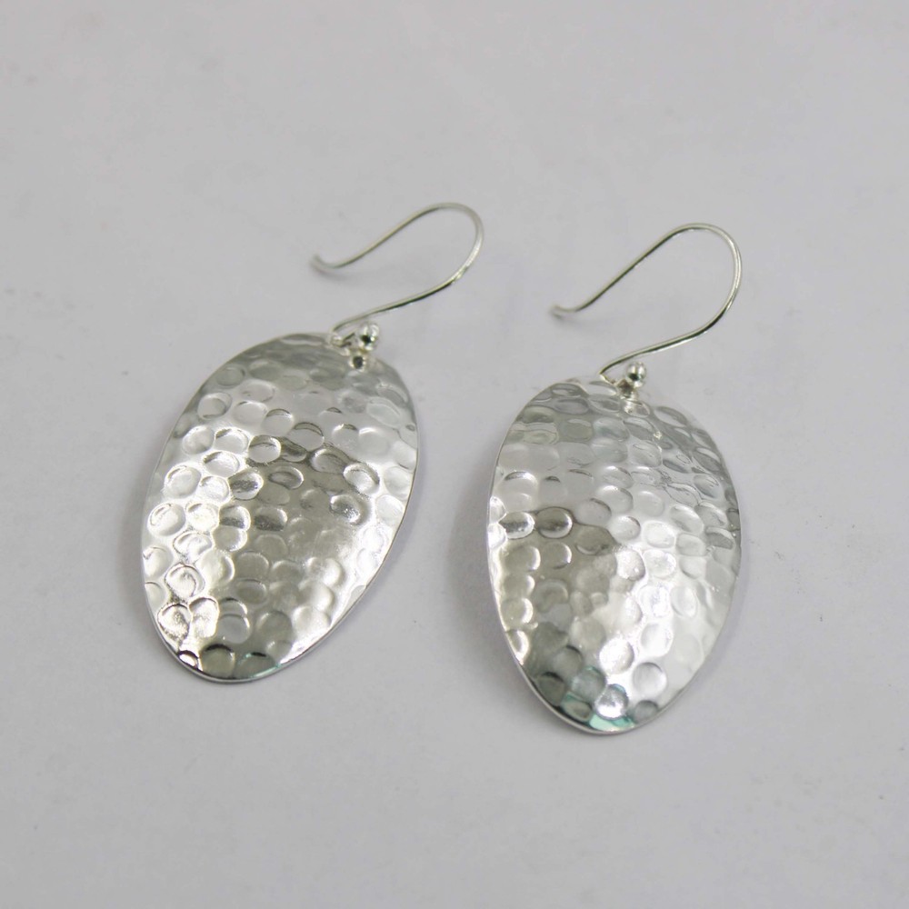 Solid 925 Sterling Silver Hammered Oval Dangle Drop Earrings Textured Handmade