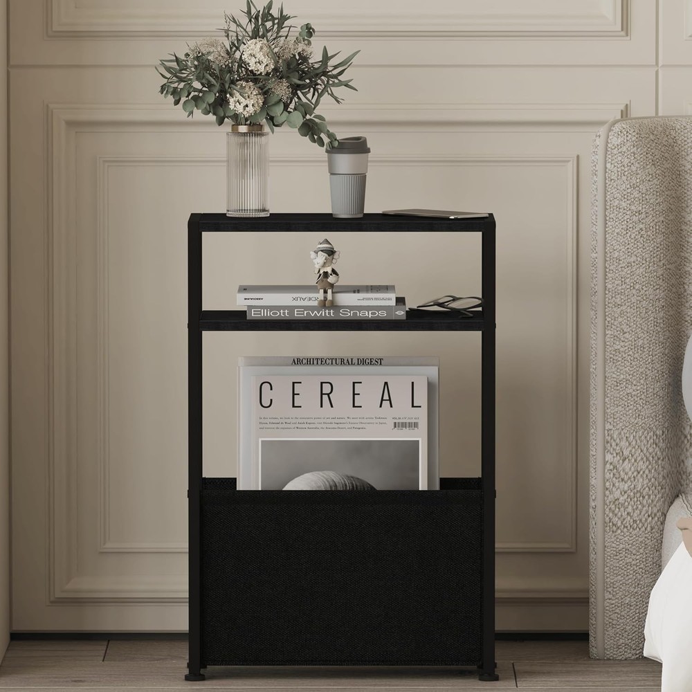 Black Side Table, Slim Side Table with Magazine Rack, Bathroom Table