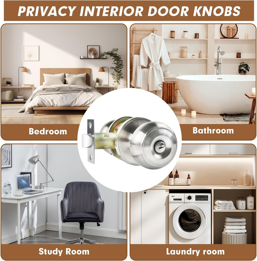 Privacy Door Knobs, 6 Pack Satin Nickel Door Knobs with Lock, Bed and Bath Door