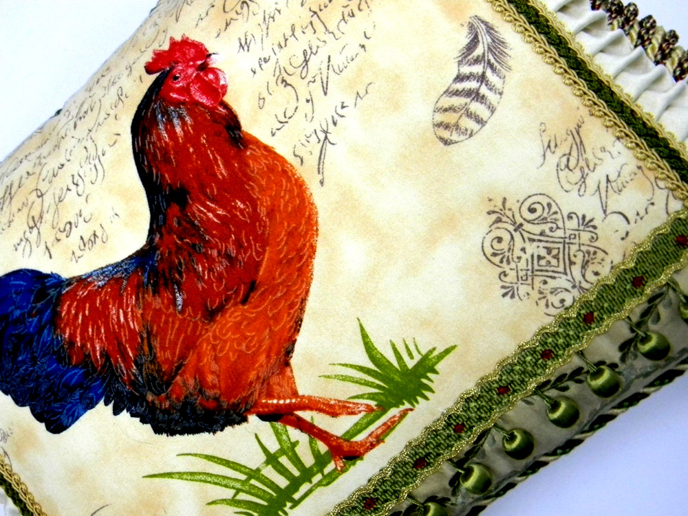 French Script & Rooster, Designer accent Pillow W/ insert