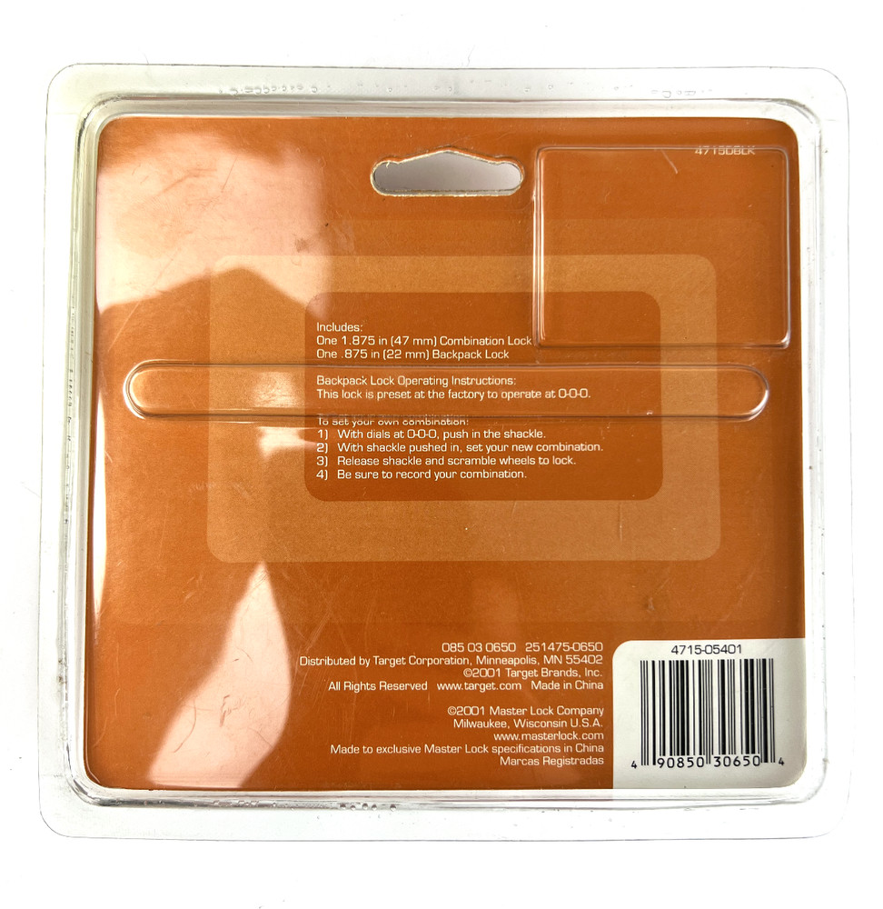 2001 Target Master Lock Padlock 2-Pack Standard Combination Lock & Backpack Lock