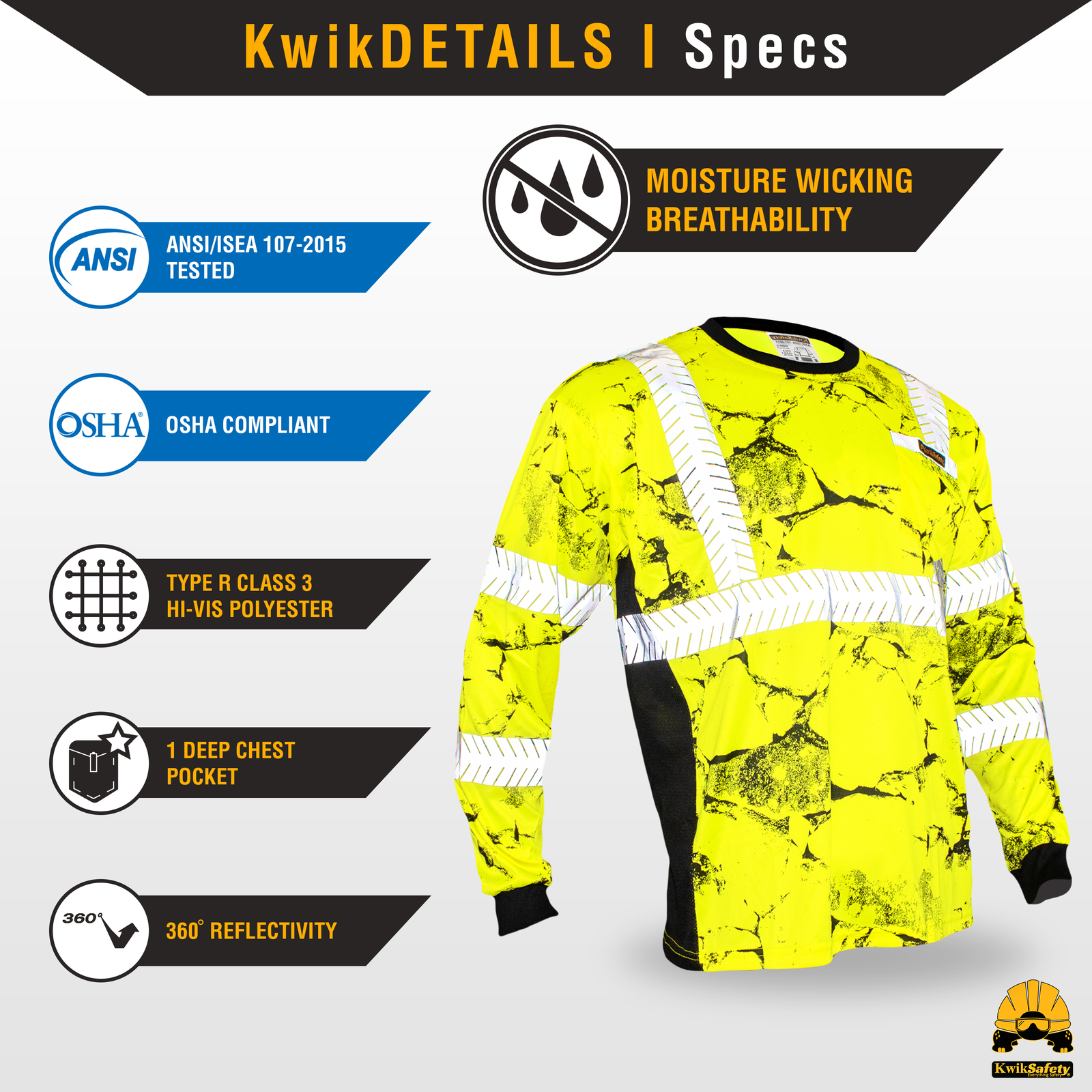 KwikSafety UNCLE WILLY'S WALL Class 3 Hi Vis Safety Shirt Long Sleeve ANSI OSHA