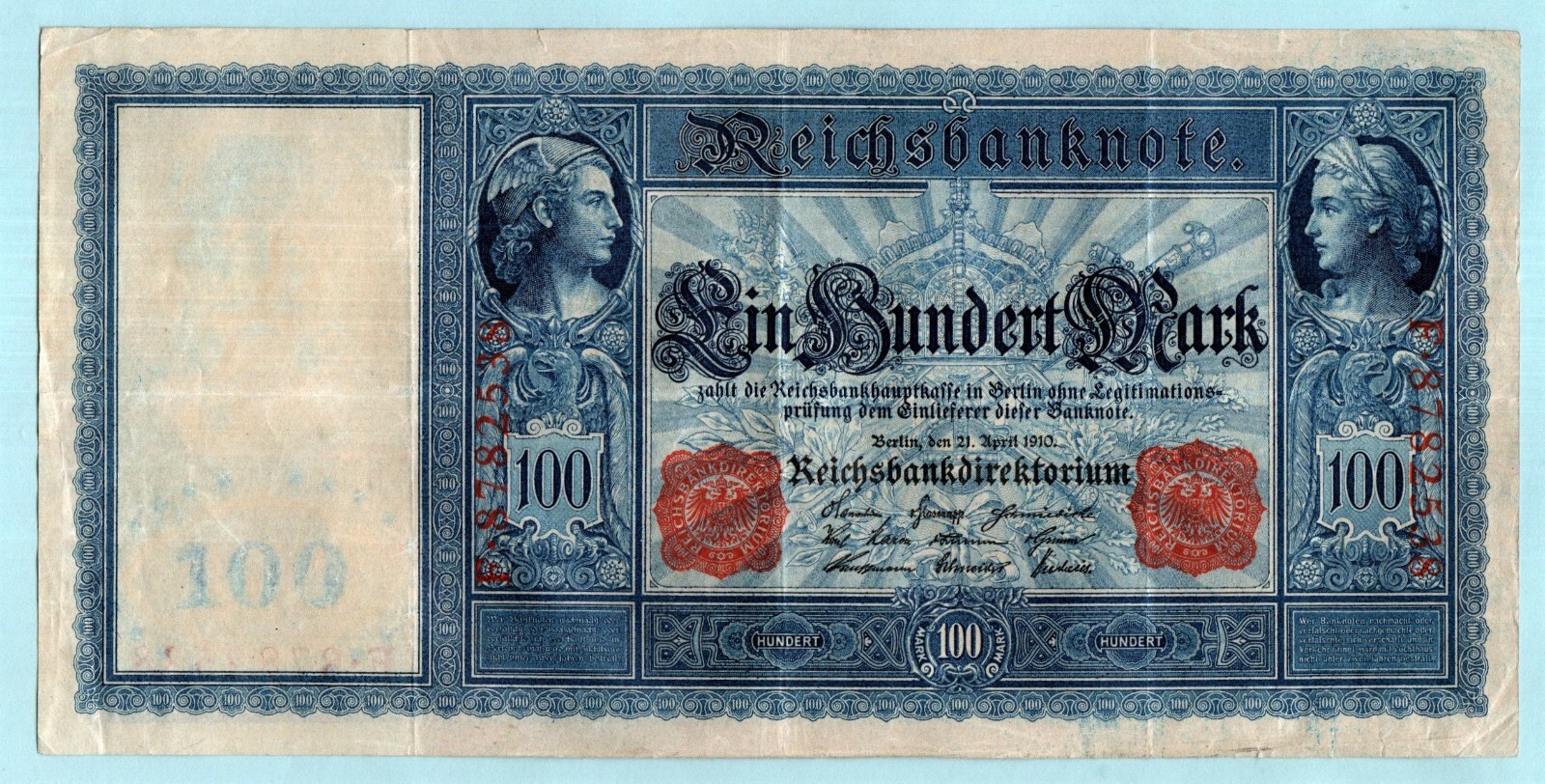 GERMANY 100 MARK REICHSBANKNOTE BANKNOTE 1910 RED SEAL LARGE CRISPY NOTE VF+