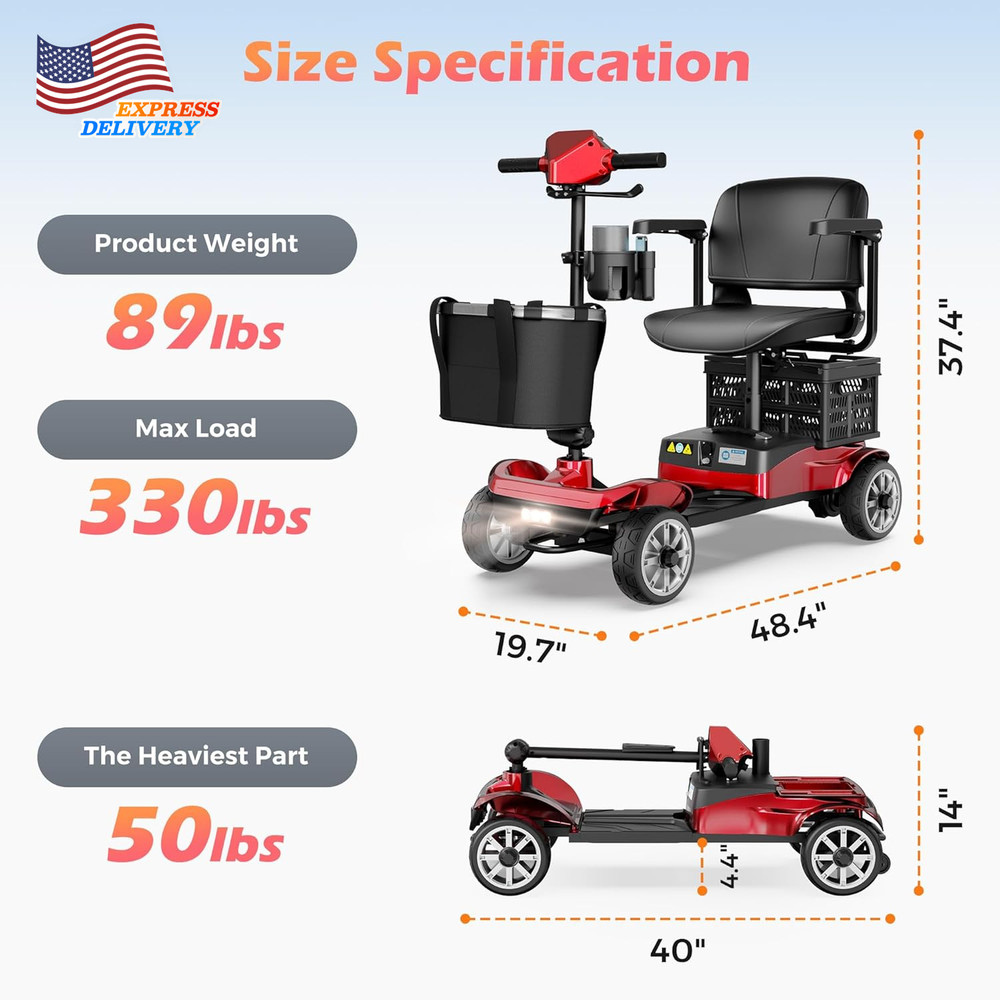 Foldable 4-Wheel Mobility Scooter Portable Motorized Scooter Detachable Battery