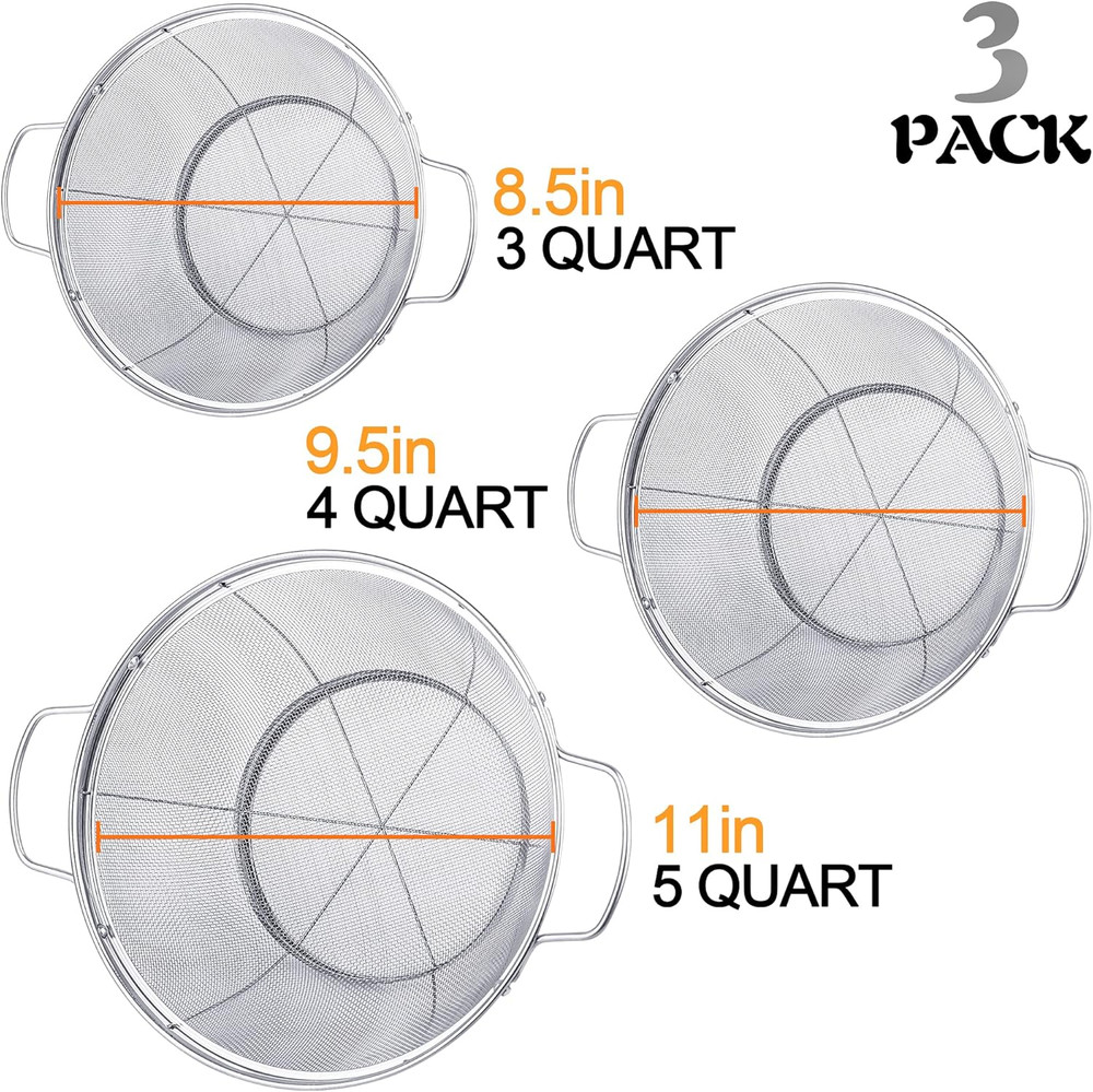 3 Pack 18/8 Stainless Steel Colander Sieves(5-Quart, 4-Quart and 3-Quart), Mesh