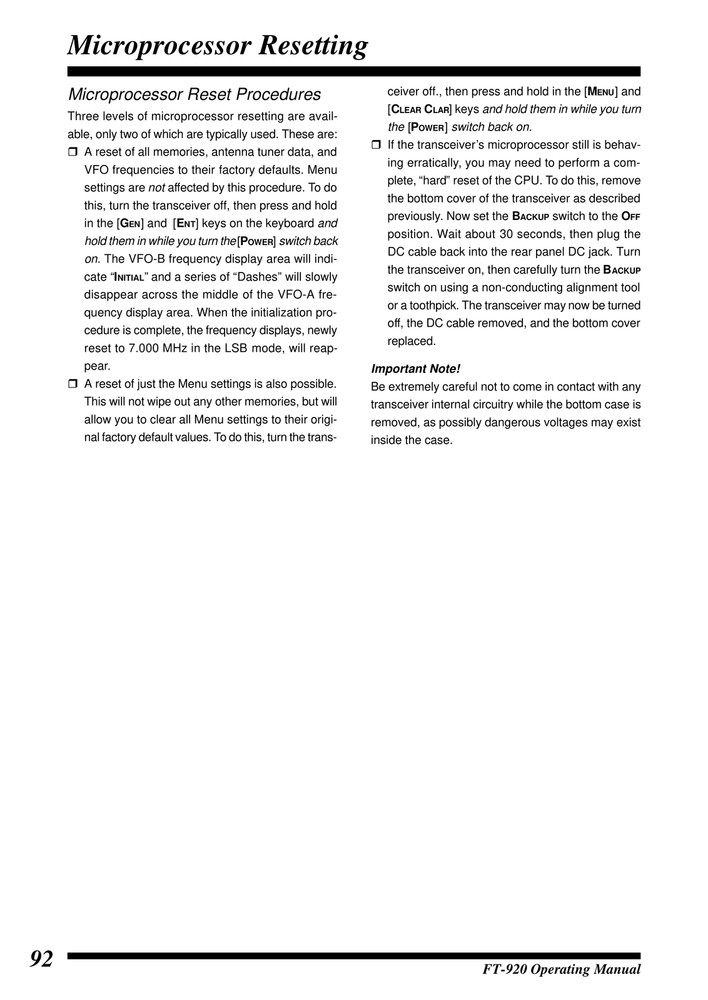 Yaesu FT-920 — OPERATING MANUAL Guide Documentation — 98 Pg — Half Size 5.5x8.5