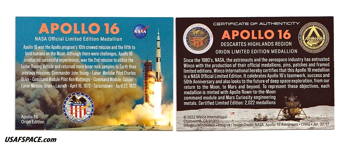 APOLLO-16 -Special Edition- 50th Anniversary - LUNAR FLOWN METAL NASA MEDALLION