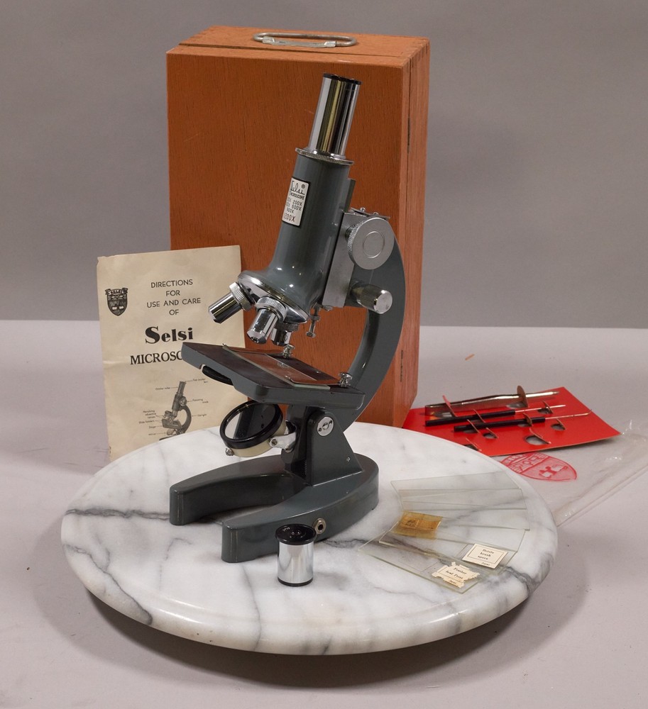 Selsi 1200x microscope with box and accessories. Immaculate condition.