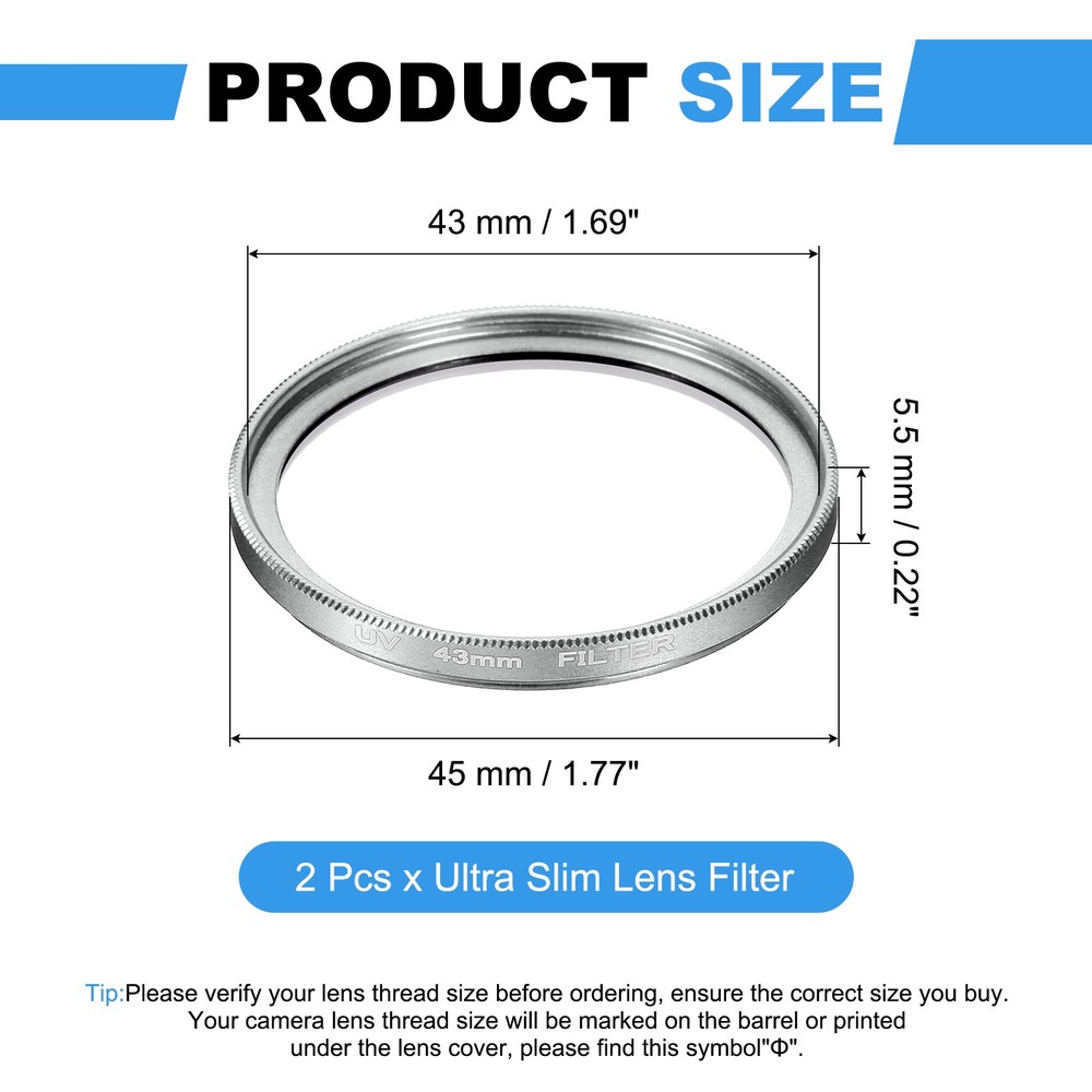 2Pcs 43mm Ultra Slim Lens Filter Multi Coating Camera Len Filter, Silver