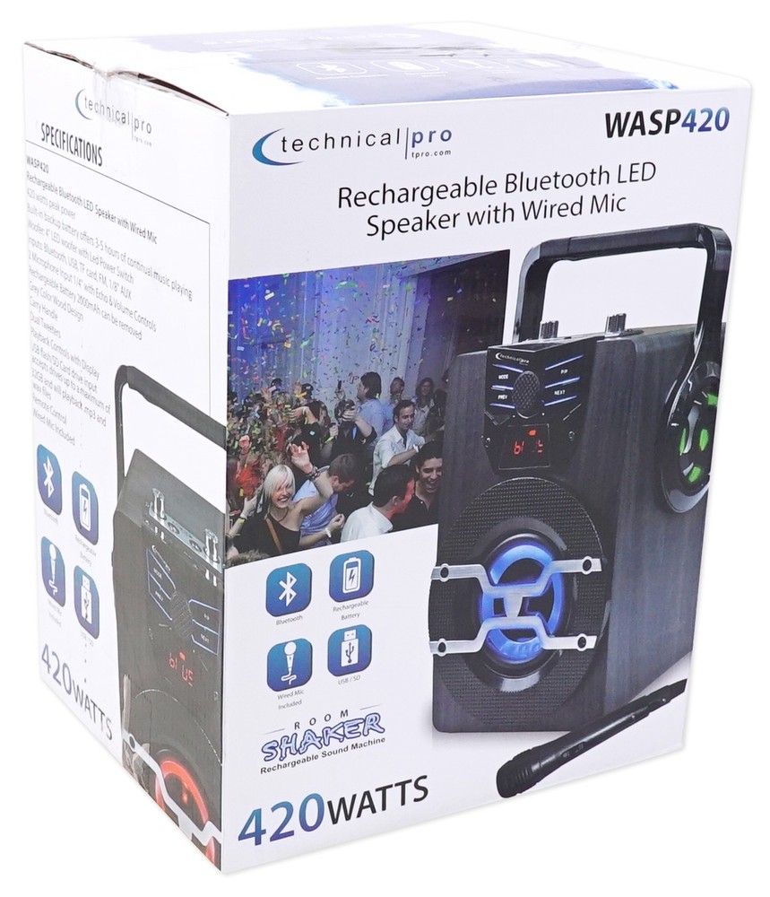 Technical Pro WASP420 Rechargeable Bluetooth Karaoke Machine System w/LED's+Mic