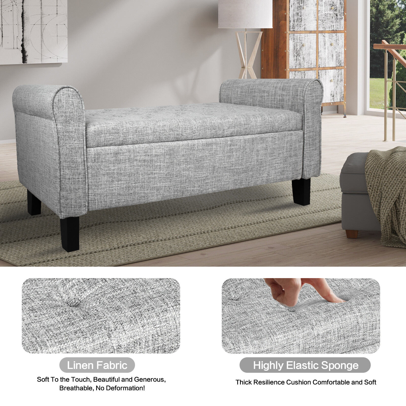 51" Upholstered Storage Ottoman End of Bed Bench Foot Rest with Rolled Arms