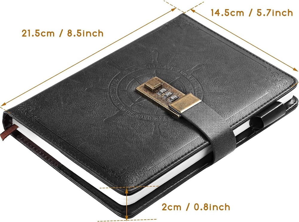 Black Journal with Lock, Refillable Faux Leather Lock Diary Notebook Planner