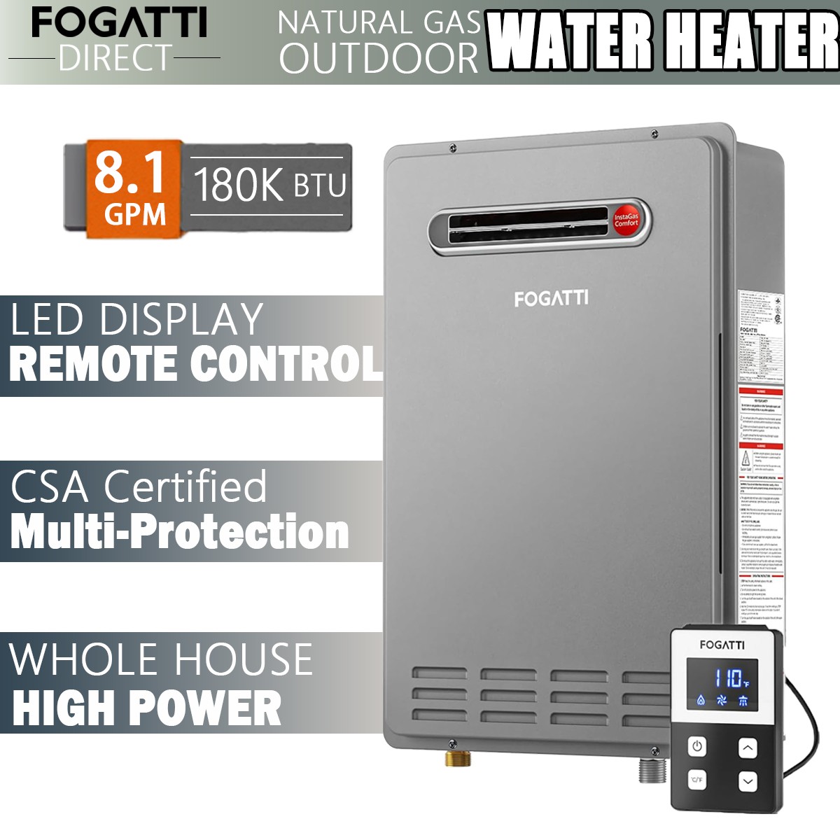 FOGATTI 26L Natural Gas Tankless Water Heater 8.1 GPM Instant Hot Water Heater