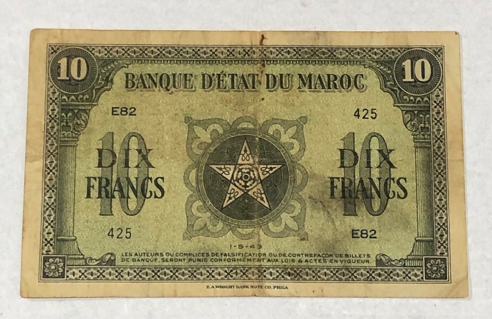 uq026 Morocco 10 Dix Frangs Banknote 1-5-43