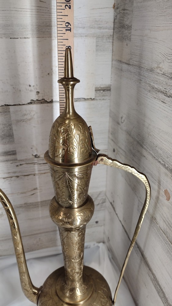 Large Etched Antique Middle Eastern Solid Brass Tea Coffee Pot Pitcher Vase 18IN