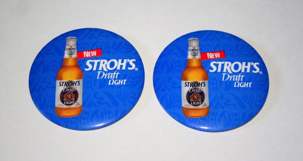 2 Vintage New Stroh's Brewing Draft Light Beer Bottle Pin Button NOS 1990s