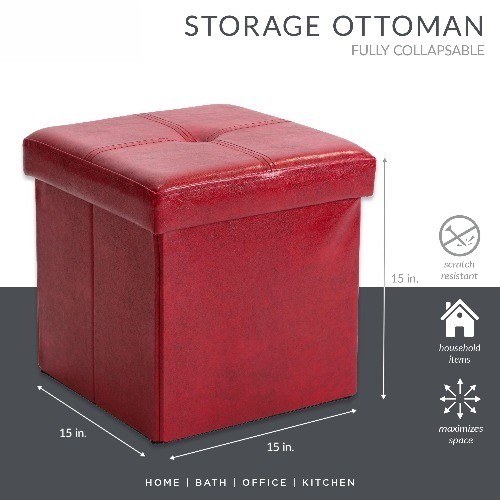 Faux Leather Folding Storage Ottoman Cube in Red