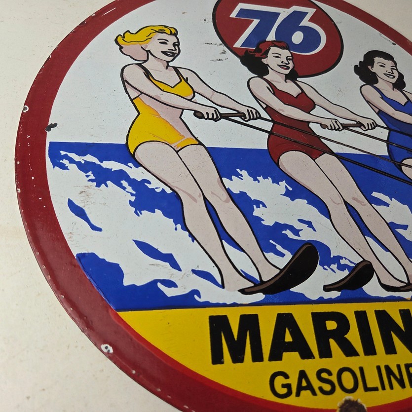 Vintage Union 76 Gasoline Sign - Porcelain Ski Show Gas Service Pump Sign