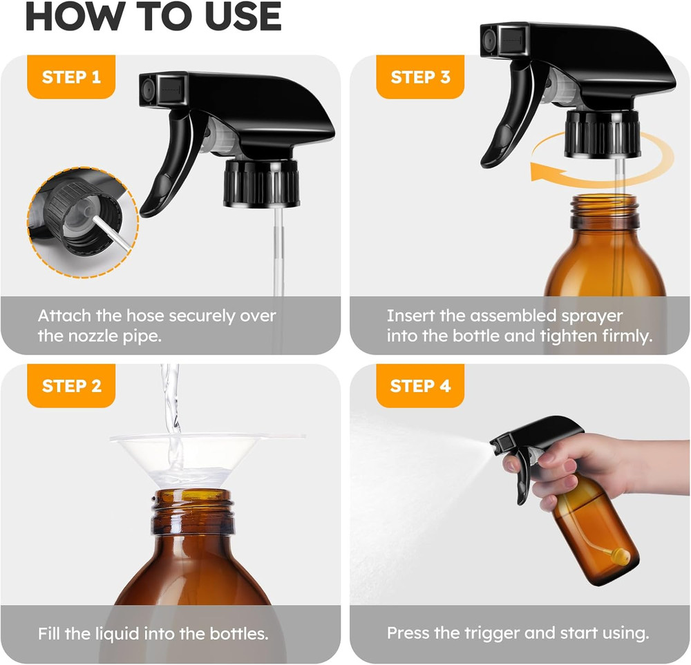 360° 4 OZ Amber Glass Spray Bottles, 2 Pack Empty Refillable Containers with Adj
