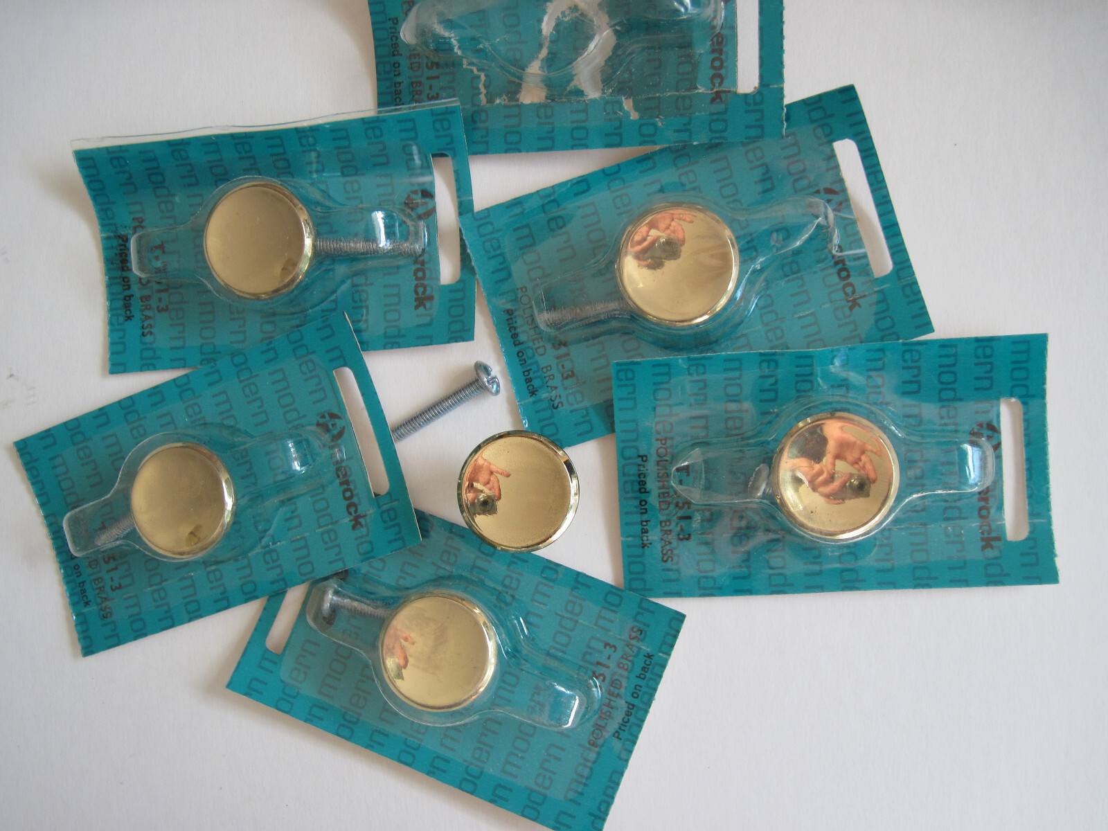 5 (+more) MCM Concave Vtg Polished Brass Knobs NOS Amerock 1" Round Small T-551