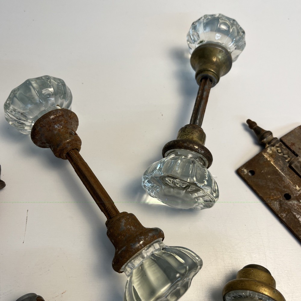 Antique Glass Door Knobs Lot With Victorian Hinge