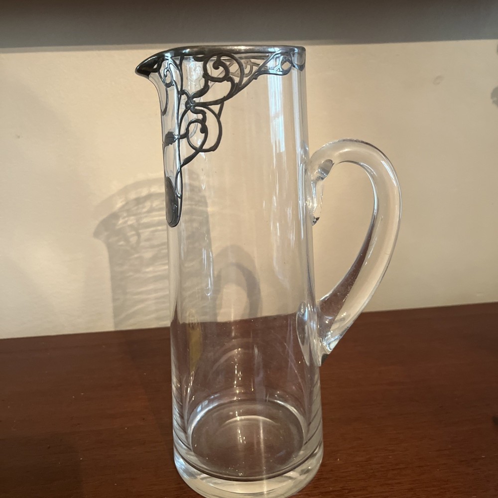 Art Nouveau Martini Or Drink Pitcher With Silver Overlay 10" Tall.