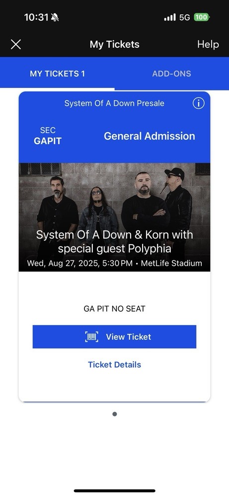 System Of A Down PIT Ticket