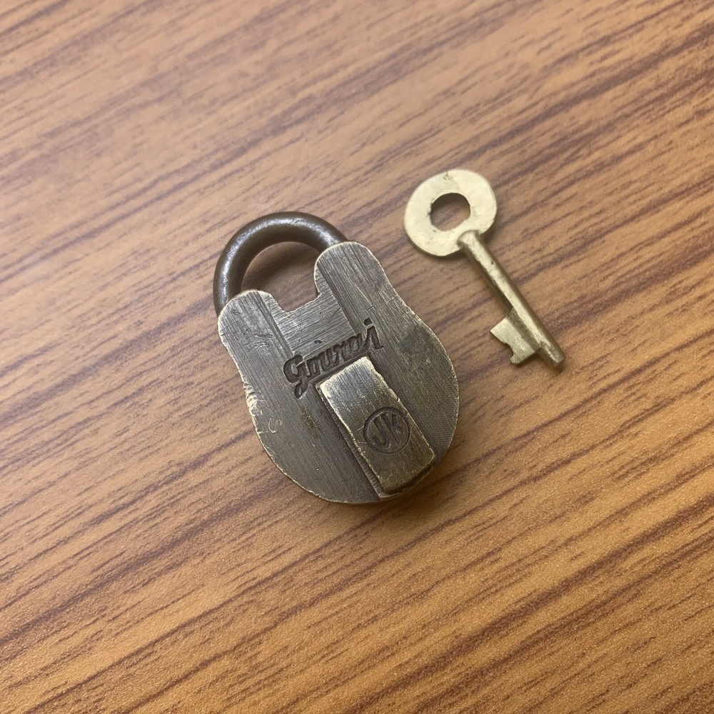 BRASS PADLOCK OR LOCK WITH KEY, miniature sized, OLD OR ANTIQUE