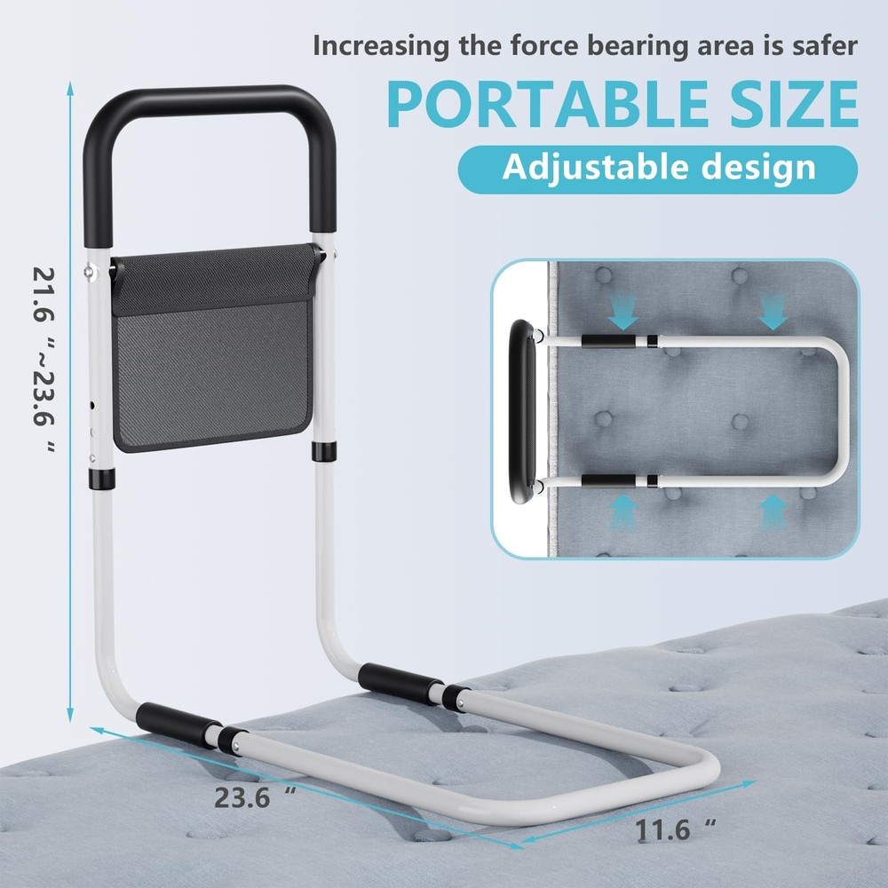 Adjustable Bed Rail Support Handle with Storage Pouch, White and Black, Height