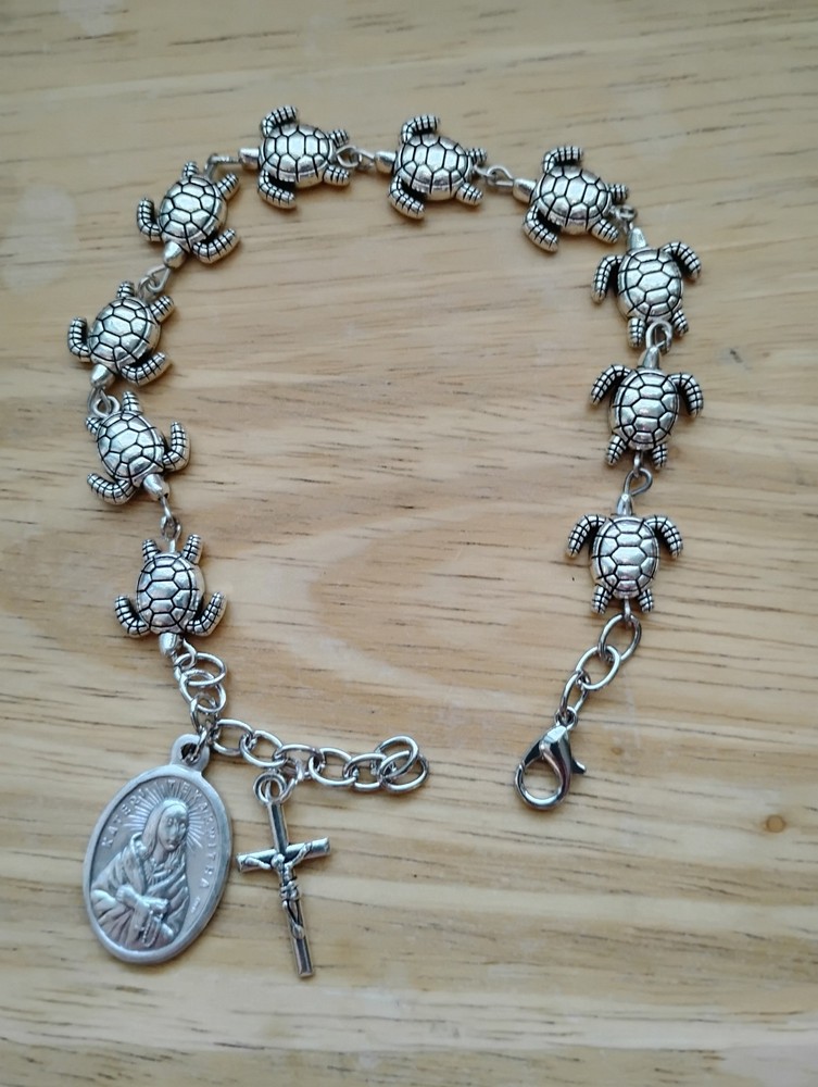 St Kateri Tekakwitha Silver Turtle Rosary Bracelet 10mm beads Medal