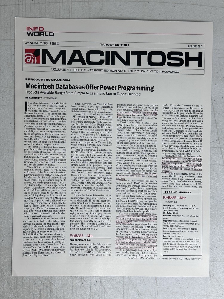 1989 FoxBASE+ Mac PC Price List Promo Pack Fox Software Database History
