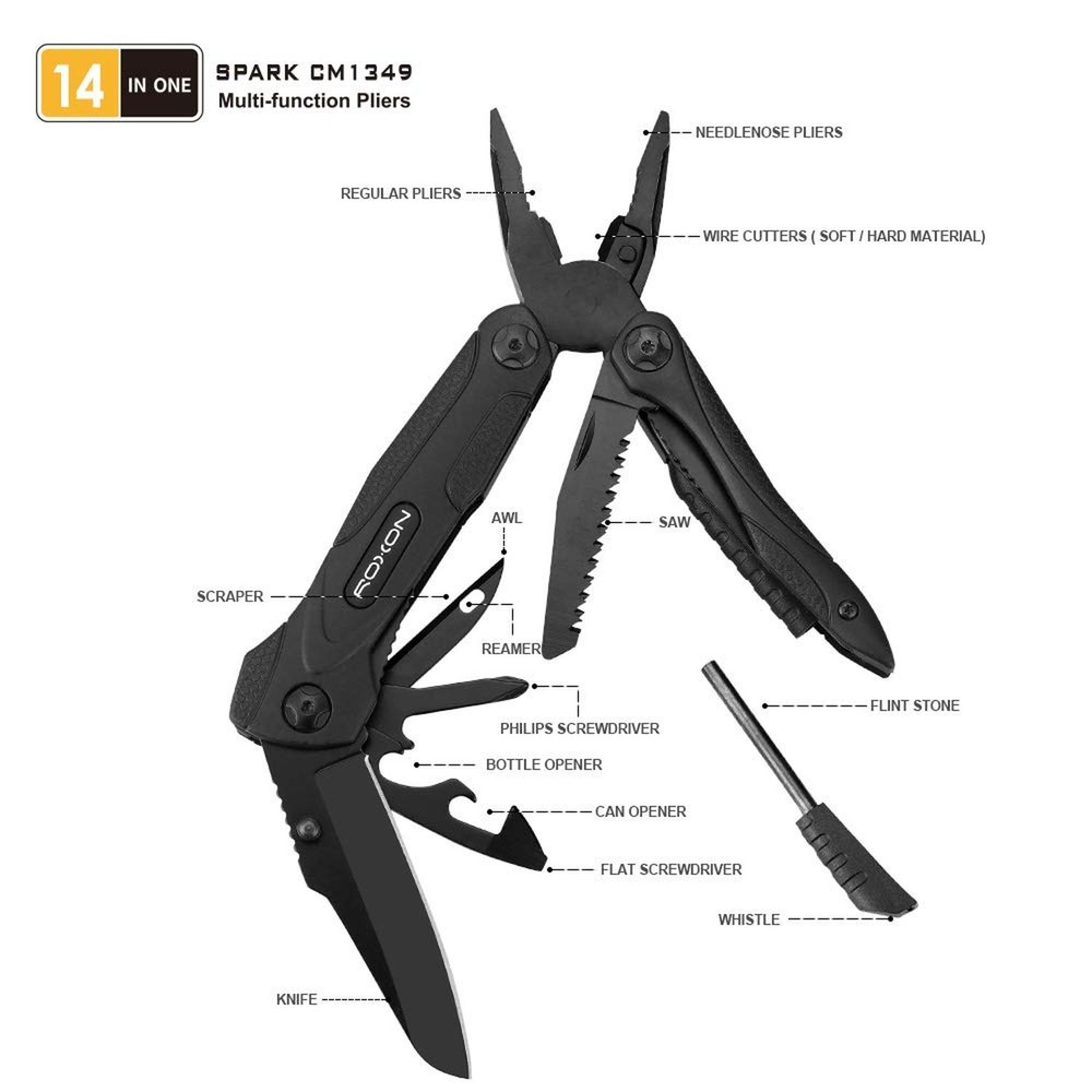 Roxon CM1349 SPARK Multitool Plier, 14-in-1 Multitools Folding Plier, Multipu...
