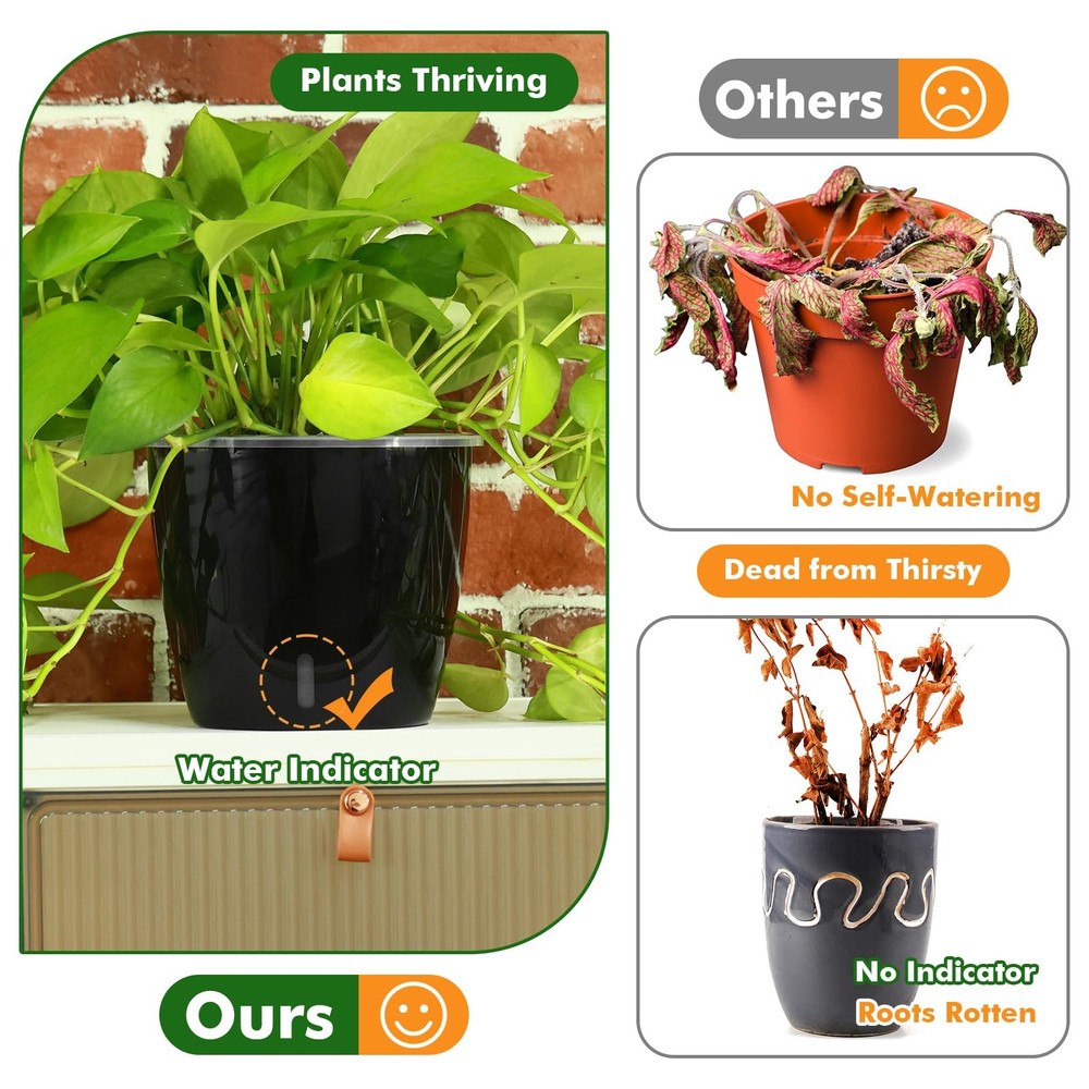 Planterhoma 6.7" Self Watering Pots for Indoor Plants - 8 Pack with Indicators