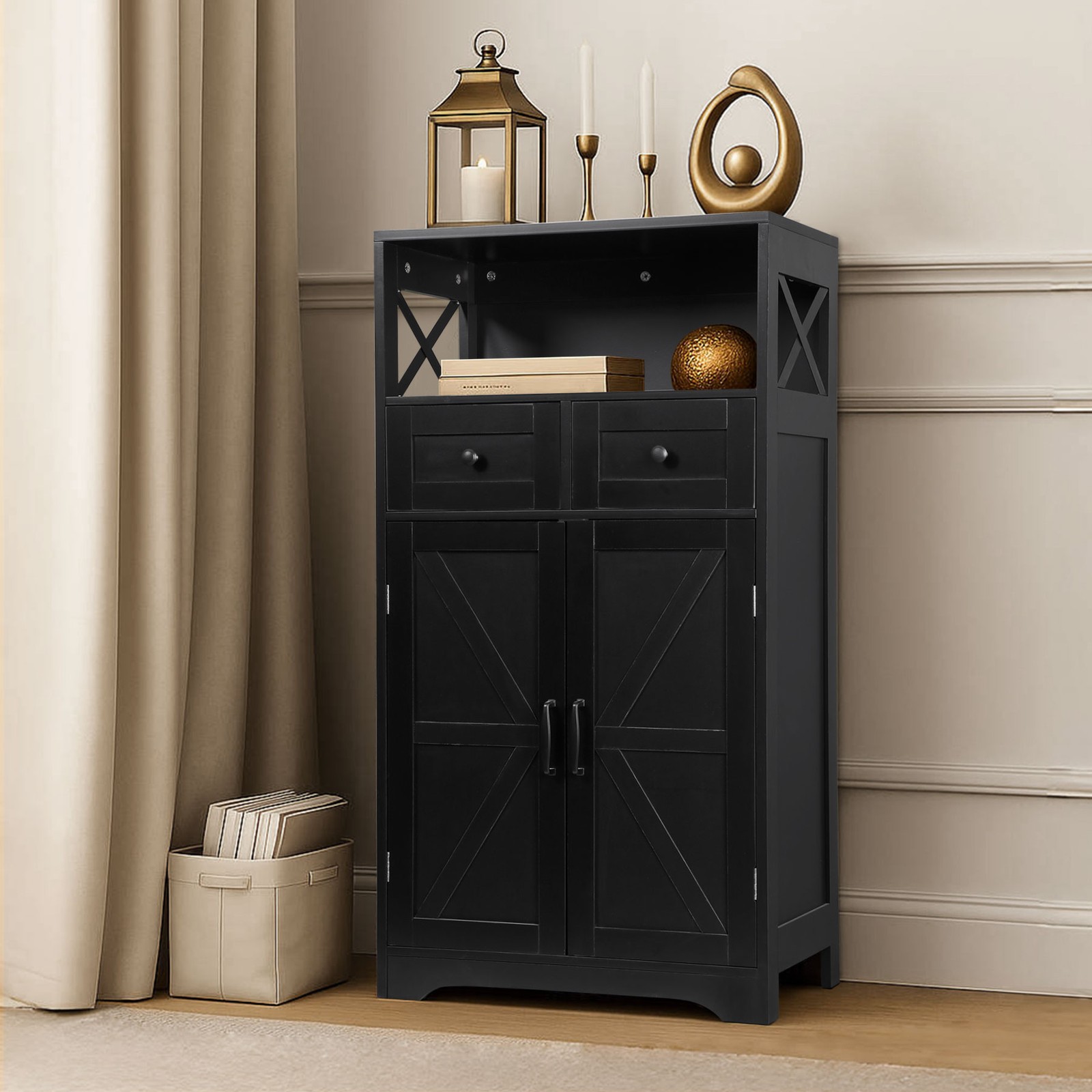 Black Storage Cabinet with Doors & Drawers Freestanding Kitchen Pantry Cabinet