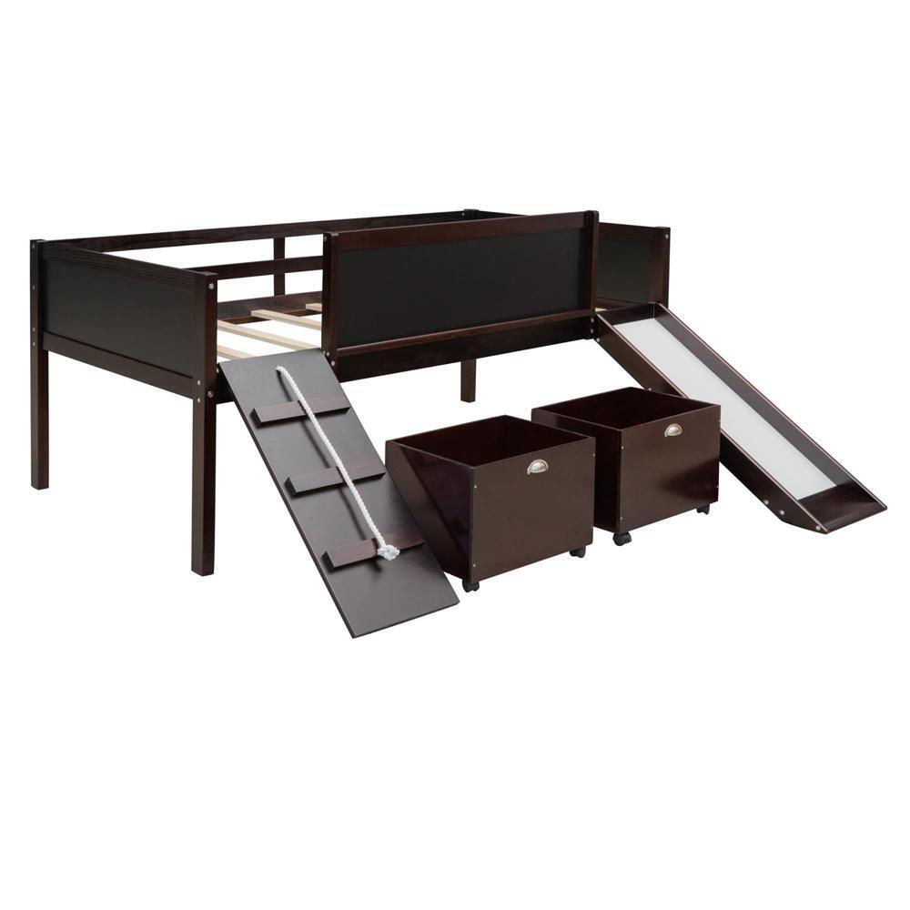 New Practical Twin size Loft Bed Wood Bed w/ Two Storage Boxes - Espresso