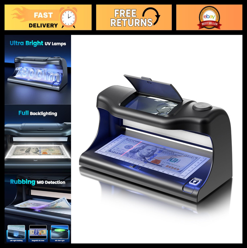 Counterfeit Bill Detector Machine - Dual LED UV Light, 4 Security Tests, Money C